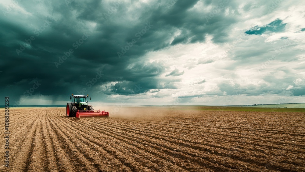 Tractor Working in a Field with Stormy Clouds Tractor Working in a Field with Stormy Clouds