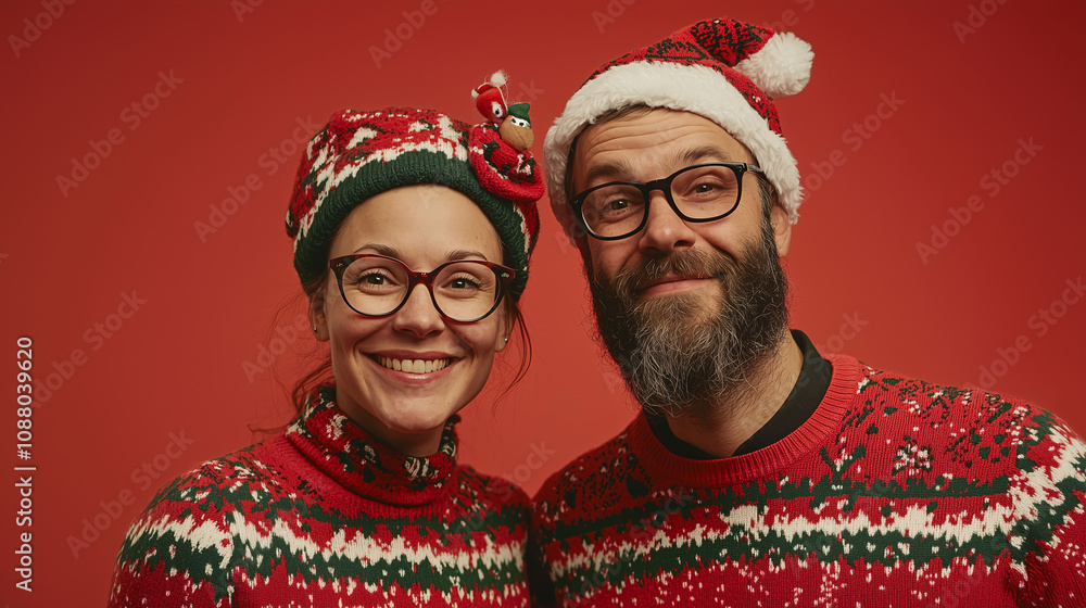 Portrait of a couple wearing Santa hats and Christmas sweaters smiling at the camera against a red background with space for text. Christmas, couple time, family, culture, and tradition Portrait of a couple wearing Santa hats and Christmas sweaters smiling at the camera against a red background with space for text. Christmas, couple time, family, culture, and tradition