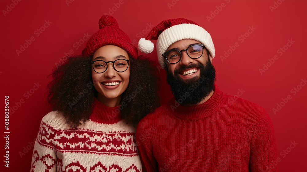 Fototapeta premium Portrait of a multicultural couple wearing Santa hats and wool sweaters, smiling at the camera against a red background with space for text. Christmas, togetherness, culture, and tradition 