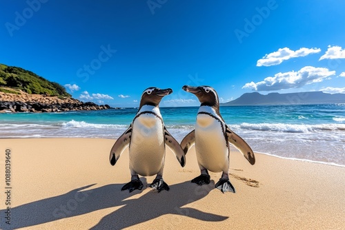 Penguins waddling along the sandy beaches of Boulders Beach near Cape Town
