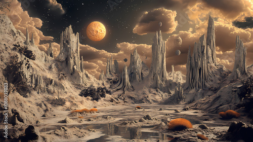 A fang with a sci fi theme featuring alien landscapes and otherworldly elements. Otherworldly Alien Landscape. Illustration