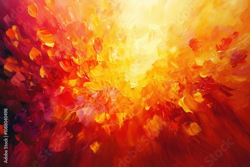 Abstract painting with vibrant orange, yellow, and red brushstrokes radiating outwards from a central light source.