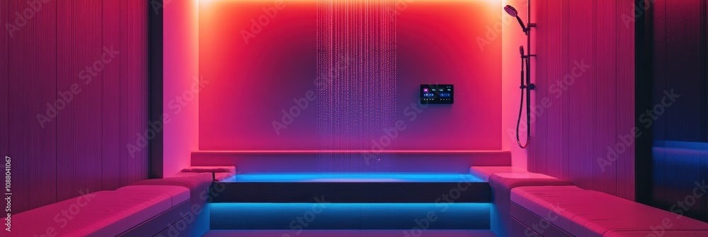 This high-tech bathroom showcases an advanced shower system and touch panel, creating a relaxing ambiance with colorful lighting. Generative AI This high-tech bathroom showcases an advanced shower system and touch panel, creating a relaxing ambiance with colorful lighting. Generative AI