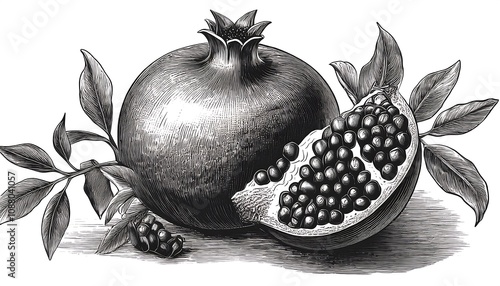 Hand drawn black engraving of a pomegranate, featuring bold contours and retro design with detailed leaves. Generative AI