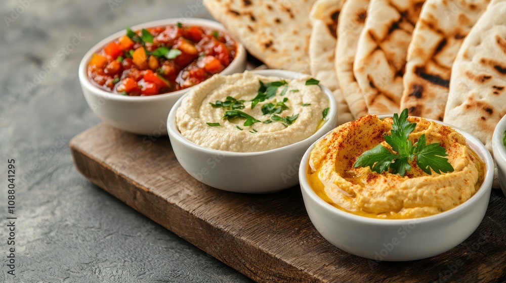 Delicious hummus varieties with fresh salsa and flatbread kitchen table food photography cozy setting culinary inspiration Delicious hummus varieties with fresh salsa and flatbread kitchen table food photography cozy setting culinary inspiration