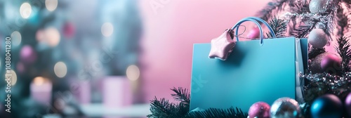blue shopping package, pastel pink background with christmas decorations. Shopping concept. Sale and discount advertising banner, poster, flyer