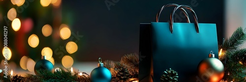 blue shopping package with christmas decorations. Shopping concept. Sale and discount advertising banner, poster, flyer