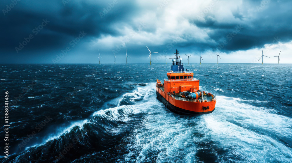 vibrant orange ship navigates turbulent waters near offshore wind turbines under dramatic sky. scene captures power of nature and technology working together vibrant orange ship navigates turbulent waters near offshore wind turbines under dramatic sky. scene captures power of nature and technology working together