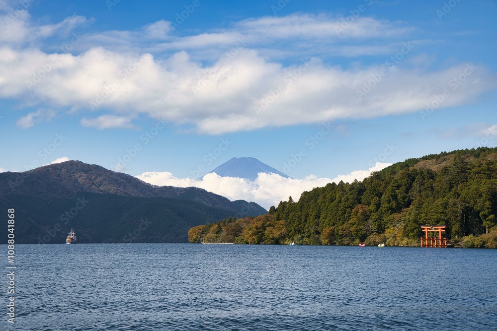 Drone shot of Lake Ashi and Mt. Fuji Drone shot of Lake Ashi and Mt. Fuji