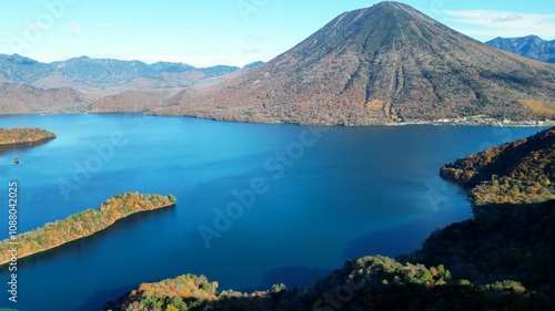 Drone aerial shot of Lake Chuzenji in Nikko