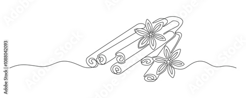Cinnamon sticks and star anise drawn with continuous line in minimalism, spices, tree bark, editable vector contour