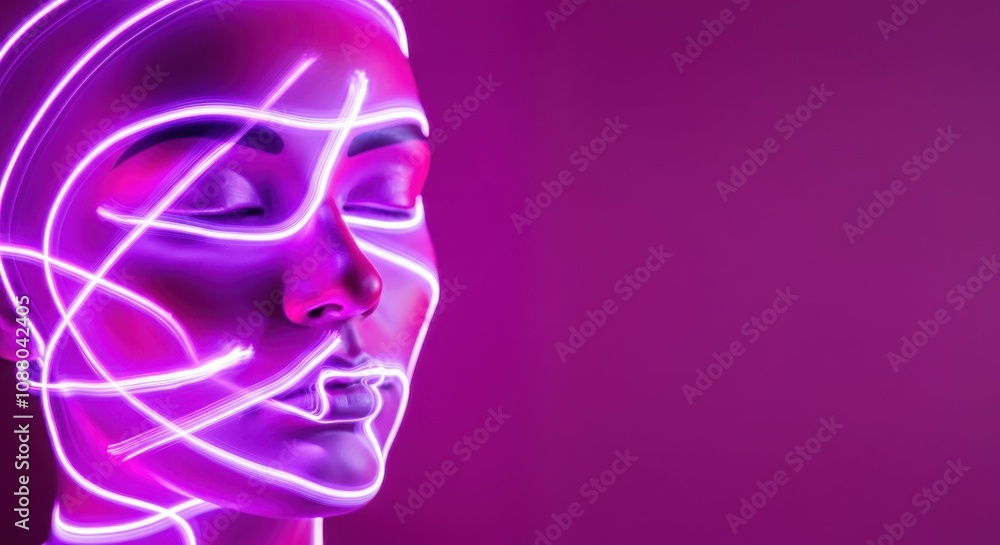 Neon-lit face of East Asian woman with closed eyes, glowing purple and pink lines on skin Neon-lit face of East Asian woman with closed eyes, glowing purple and pink lines on skin