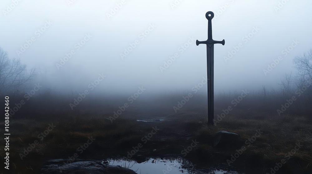 Naklejka premium A lone sword stands in a misty field, its silhouette outlined against the cloudy sky.