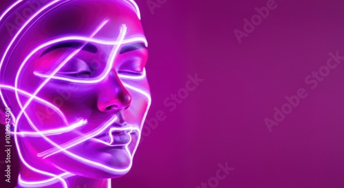 Neon-lit face of East Asian woman with closed eyes, glowing purple and pink lines on skin