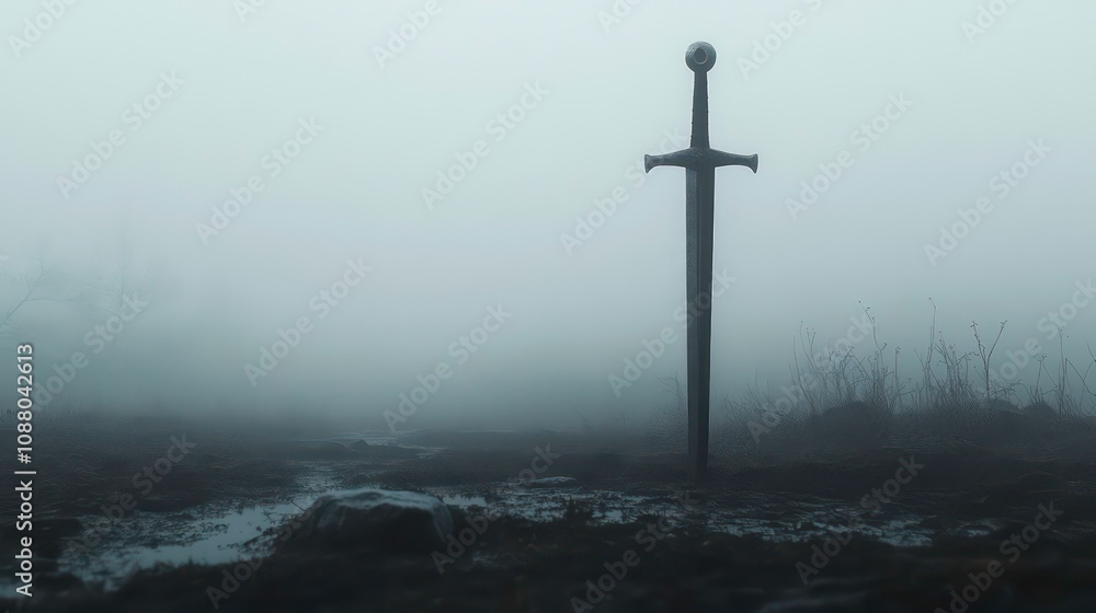 Naklejka premium A silver sword stands upright in a misty field, its hilt gleaming in the faint light, with dry branches and puddles in the foreground.