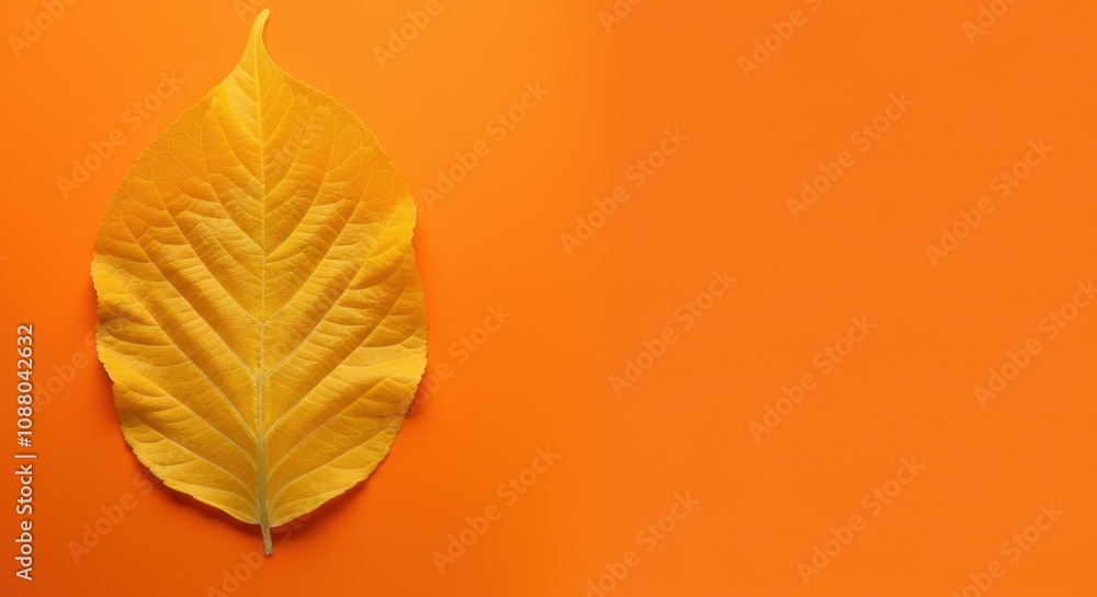 Fototapeta premium Single yellow leaf against orange background