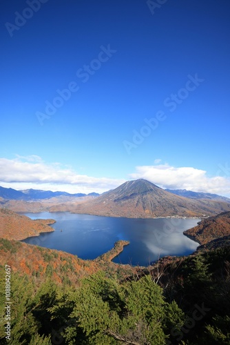 Drone aerial shot of Lake Chuzenji in Nikko photo