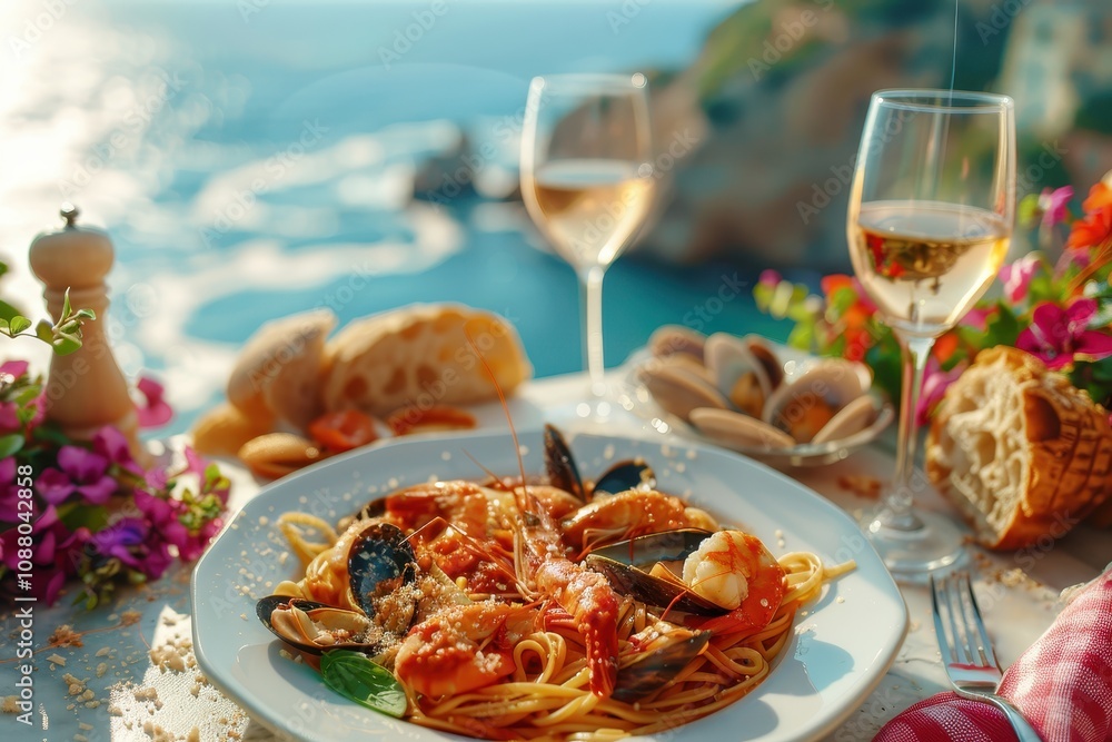 A beautifully arranged seafood pasta dish with a scenic ocean backdrop, paired with wine and complemented by flowers, offering a perfect dining experience. A beautifully arranged seafood pasta dish with a scenic ocean backdrop, paired with wine and complemented by flowers, offering a perfect dining experience.
