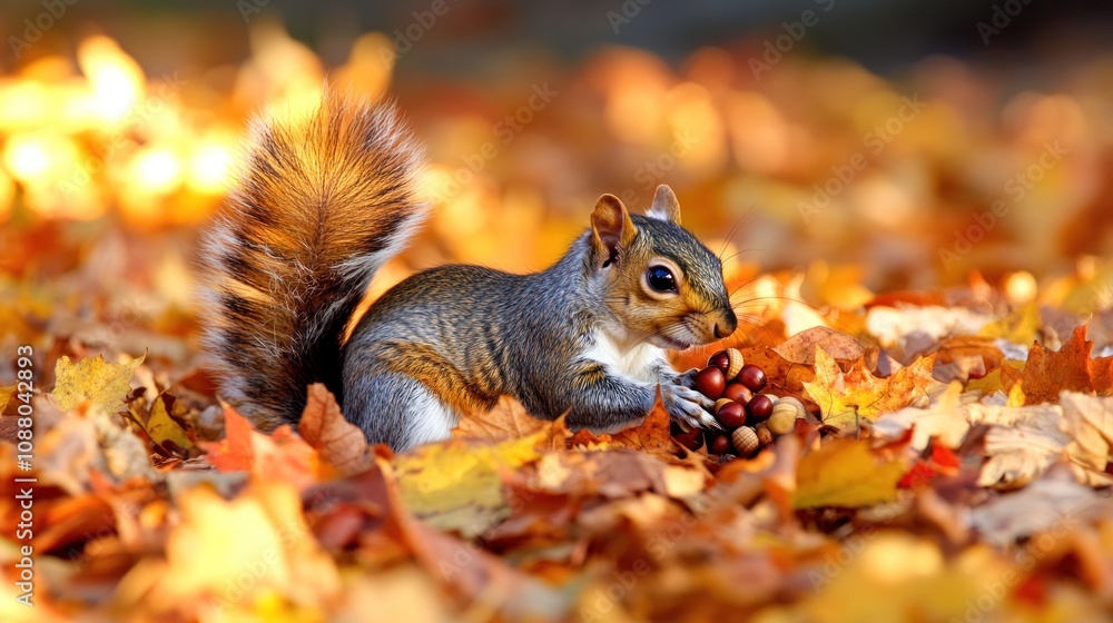 Squirrel Gathering Nuts in Autumn Leaves Squirrel Gathering Nuts in Autumn Leaves