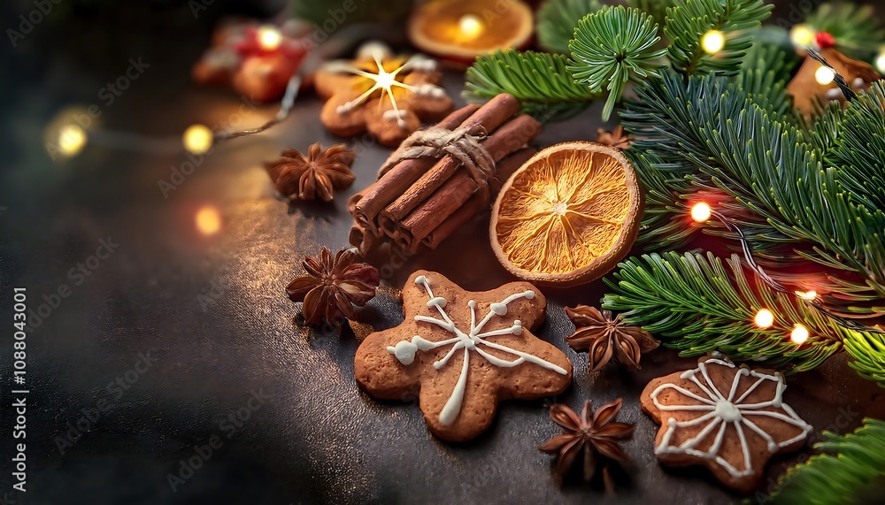 Glowing Christmas lights and rustic gingerbread cookies create a cozy holiday still life display. Generative AI Glowing Christmas lights and rustic gingerbread cookies create a cozy holiday still life display. Generative AI