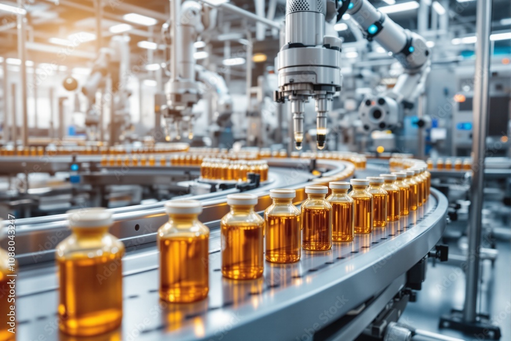 Automated Pharmaceutical Production Line with Robotic Arms and Glass Vials Automated Pharmaceutical Production Line with Robotic Arms and Glass Vials