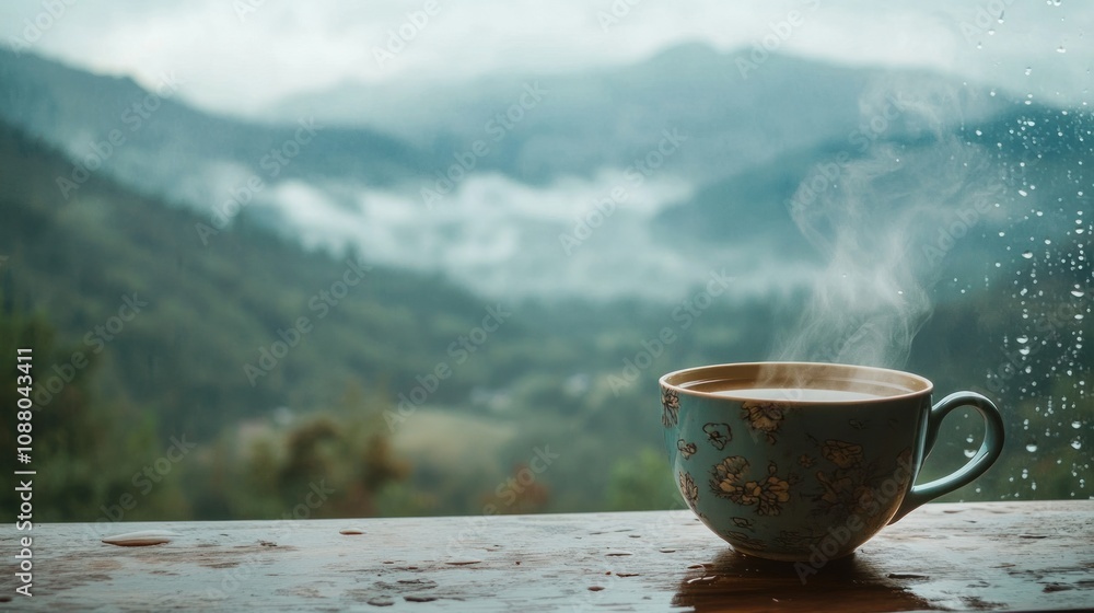 A Warm Cup of Coffee with a Misty Mountain View A Warm Cup of Coffee with a Misty Mountain View
