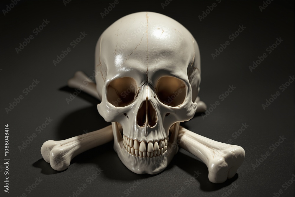 Realistic Human Skull with Crossed Bones on Dark Background Realistic Human Skull with Crossed Bones on Dark Background