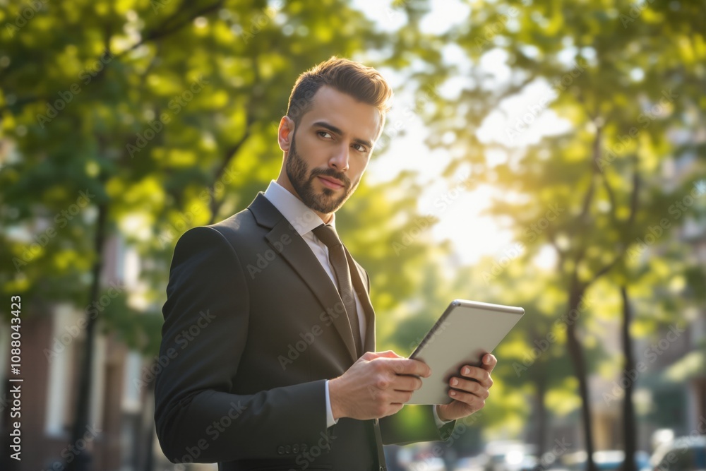 Professional Young Businessman Using Tablet Outdoors in Urban Environment Professional Young Businessman Using Tablet Outdoors in Urban Environment