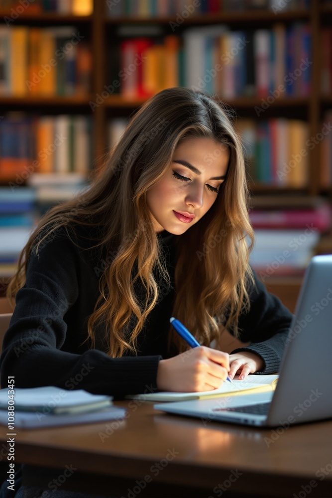 Young Woman Studying in a Cozy Library Setting with Laptop and Notebooks Young Woman Studying in a Cozy Library Setting with Laptop and Notebooks