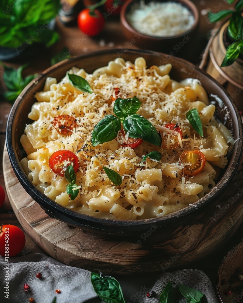 A creamy pasta dish topped with fresh basil, cherry tomatoes, and grated cheese, served in a rustic bowl surrounded by vibrant ingredients. A creamy pasta dish topped with fresh basil, cherry tomatoes, and grated cheese, served in a rustic bowl surrounded by vibrant ingredients.