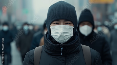 Person wearing a face mask in a crowded city street