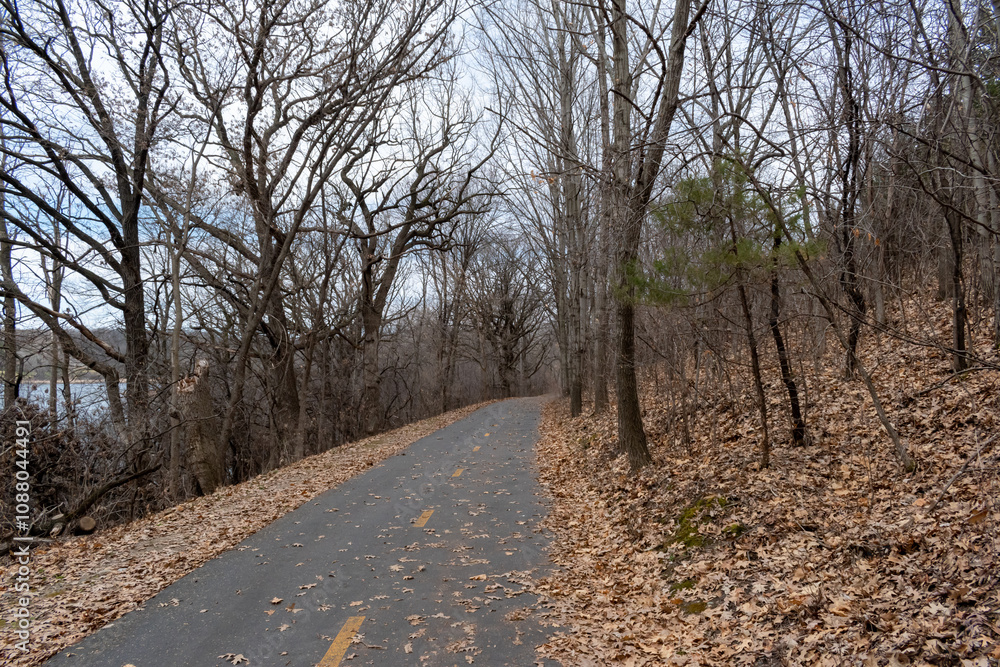 A paved walking path at a local Minnesota park surrounded by grass and trees. A paved walking path at a local Minnesota park surrounded by grass and trees.