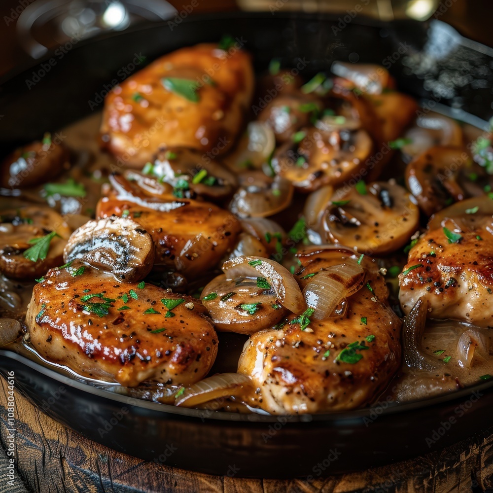 A delicious dish featuring chicken breasts cooked with mushrooms and onions, garnished with fresh herbs, served in a skillet. A delicious dish featuring chicken breasts cooked with mushrooms and onions, garnished with fresh herbs, served in a skillet.