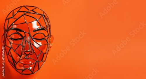 Abstract glass mosaic face mask on solid orange background photo