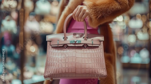 Close-up of a buyer's hand holding an exclusive designer handbag, showing the luxurious details and craftsmanship of the product, perfect for displaying a self-indulgent shopping experience. photo