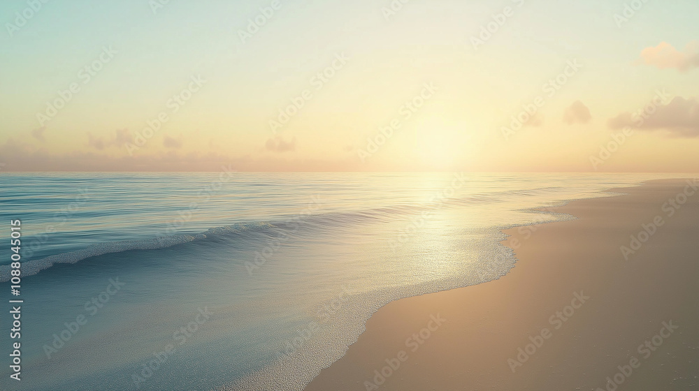 Fototapeta premium A tranquil beachscape at dawn, with smooth, untouched sand, gentle ripples forming on the sea, and the horizon glowing softly in pastel hues of morning light.