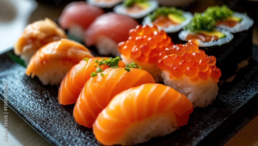 Close-Up of Fresh Salmon and Ikura Nigiri Sushi Close-Up of Fresh Salmon and Ikura Nigiri Sushi