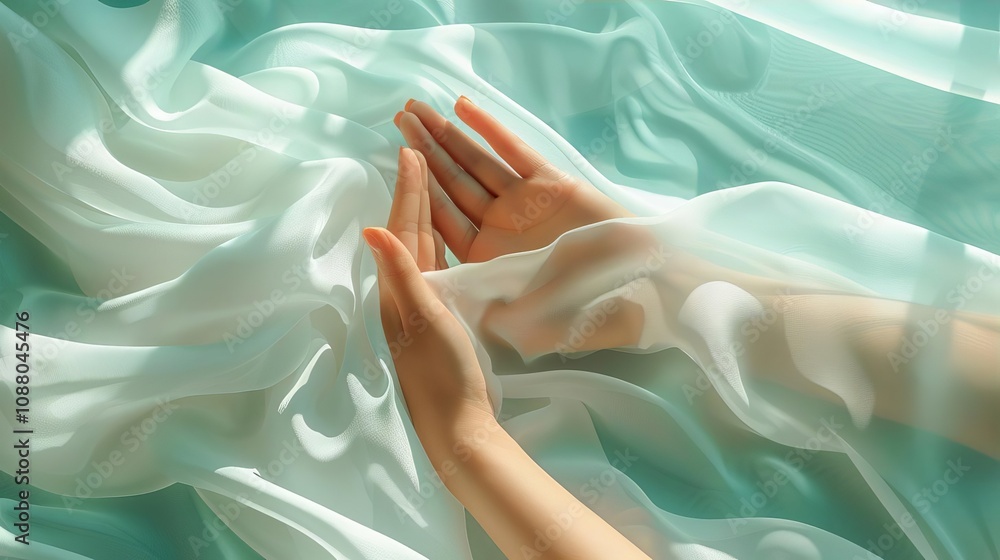 Soft Hands on Flowing Sheer Fabric Elegant Drape Pastel Green Light Texture Soft Hands on Flowing Sheer Fabric Elegant Drape Pastel Green Light Texture