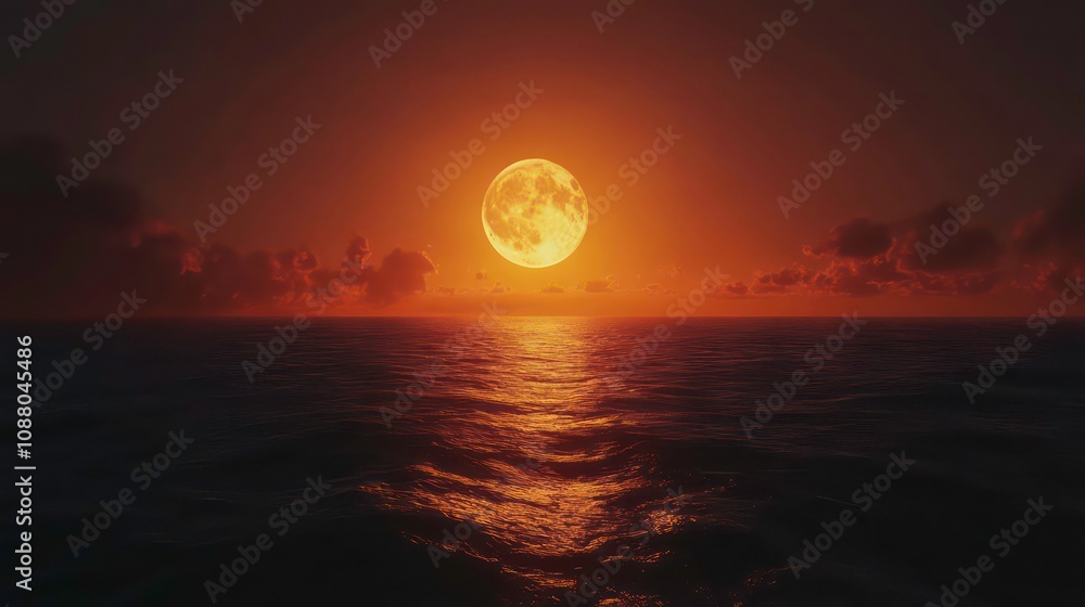 A large, full moon rises over a calm ocean, casting an orange glow on the water. A large, full moon rises over a calm ocean, casting an orange glow on the water.