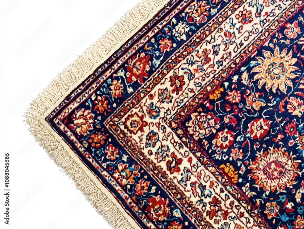 Elegant traditional rug with intricate floral patterns and fringed edges. Elegant traditional rug with intricate floral patterns and fringed edges.
