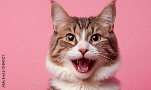 face frontal cute funny cat british short hair portrait on pink background. photo