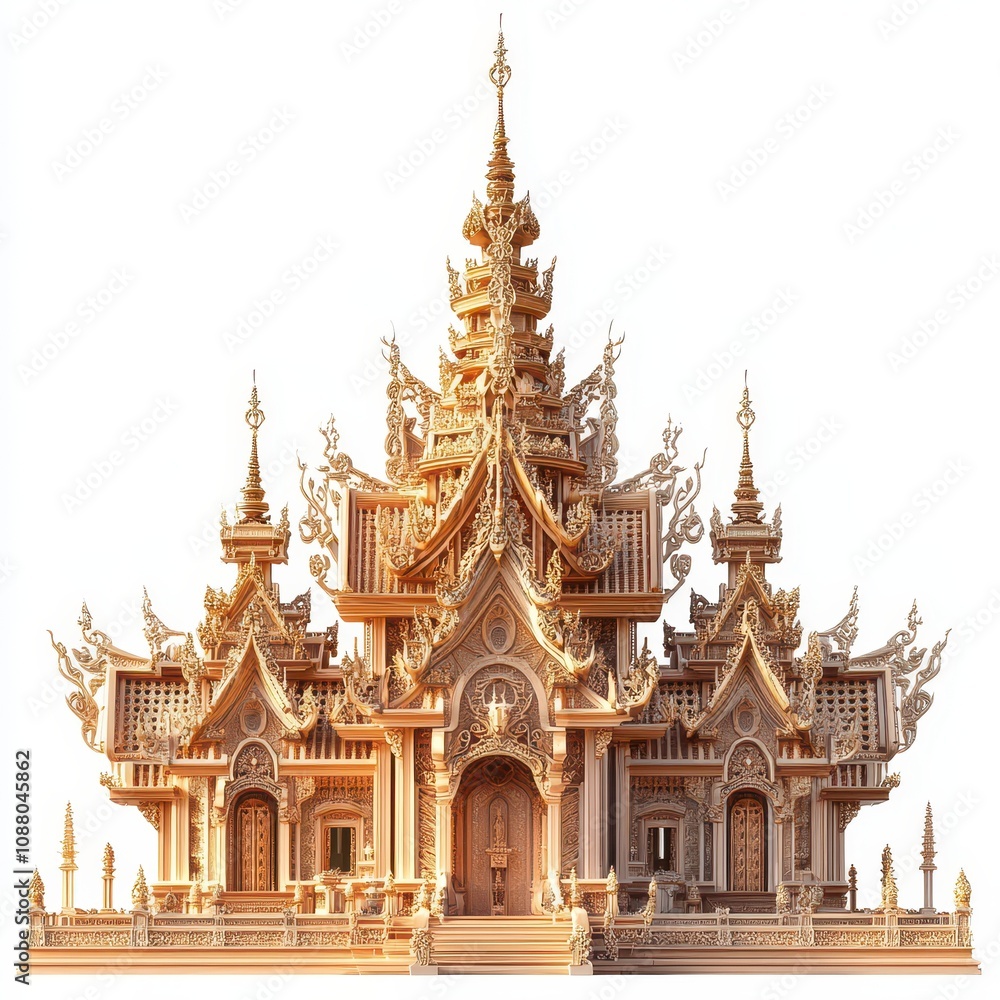 Ornate wooden temple with intricate carvings and spires, showcasing traditional architectural beauty. Ornate wooden temple with intricate carvings and spires, showcasing traditional architectural beauty.