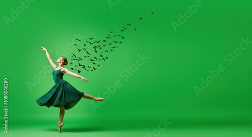 Graceful ballet dancer performing in green dress with bird silhouettes