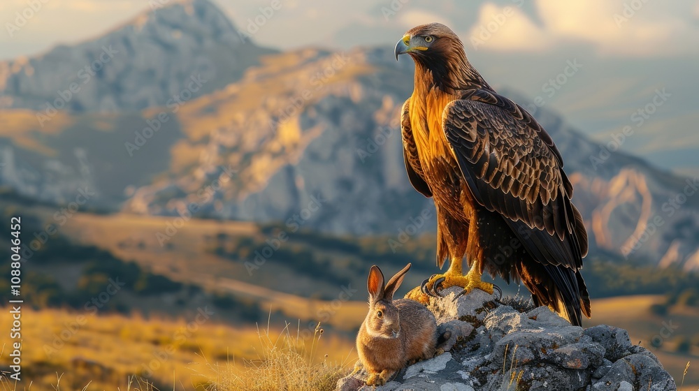 Golden eagle perched on rock with rabbit, mountain background. Golden eagle perched on rock with rabbit, mountain background.