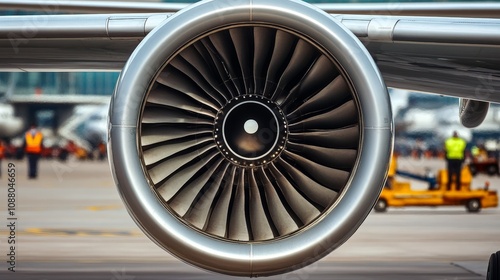 Wallpaper Mural A close-up shot of an airplane engine turbine, with intricate details of the blades, captured on the tarmac with ground crew visible in the background. Torontodigital.ca