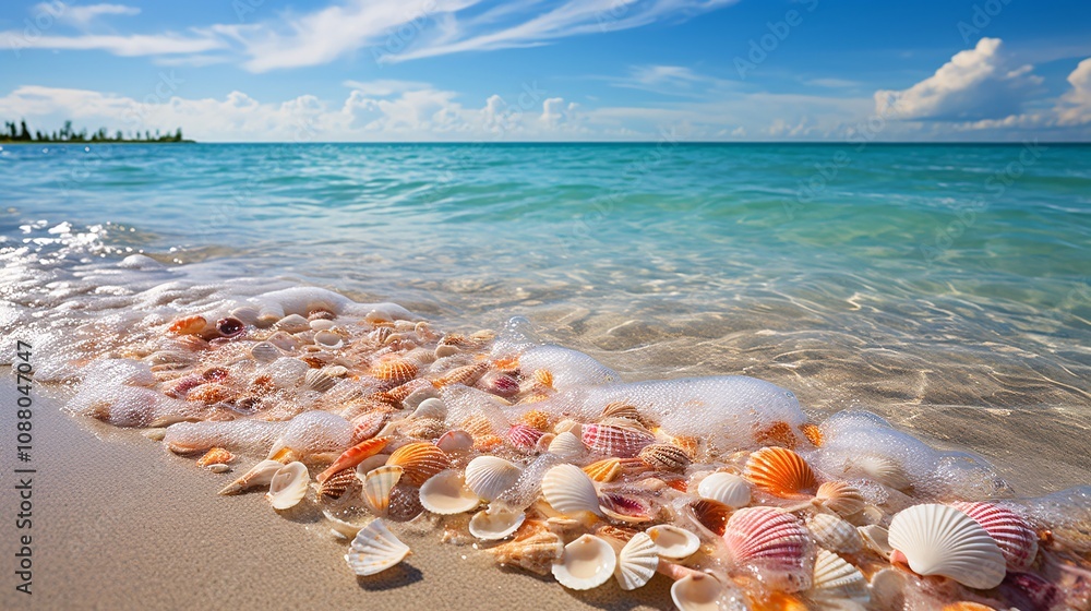 Calm ocean waves washing over a tropical beach with colorful shells Calm ocean waves washing over a tropical beach with colorful shells