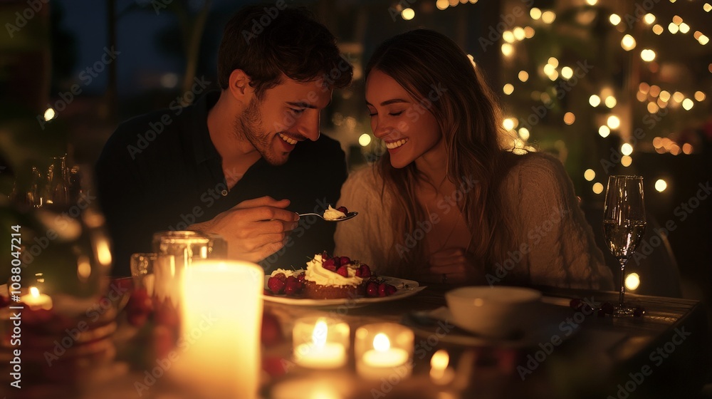 A couple on a romantic dinner date, sharing a dessert with one spoon, the table lit with candles, creating an intimate and loving atmosphere. A couple on a romantic dinner date, sharing a dessert with one spoon, the table lit with candles, creating an intimate and loving atmosphere.