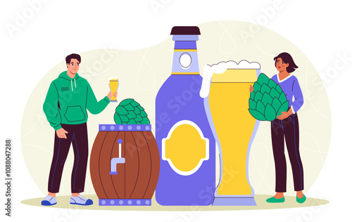 People with beer. Man and woman near barrel and glass with alcoholic drink. Alcohol and brewery. Clinking and cheers. Flat vector illustration