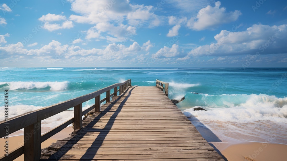 Gentle ocean waves lapping at a tropical beach with a wooden pier extending into the water Gentle ocean waves lapping at a tropical beach with a wooden pier extending into the water