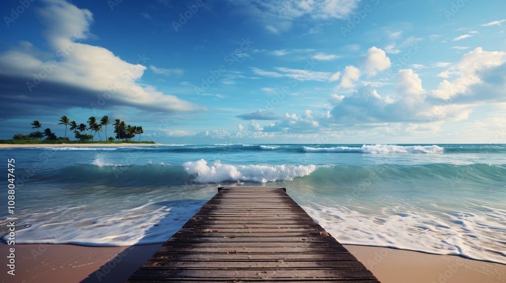 Fototapeta premium Gentle ocean waves lapping at a tropical beach with a wooden pier extending into the water